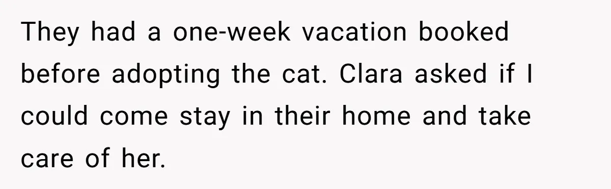 They had a one-week vacation booked before adopting the cat. Clara asked if I could come stay in their home and take care of her.