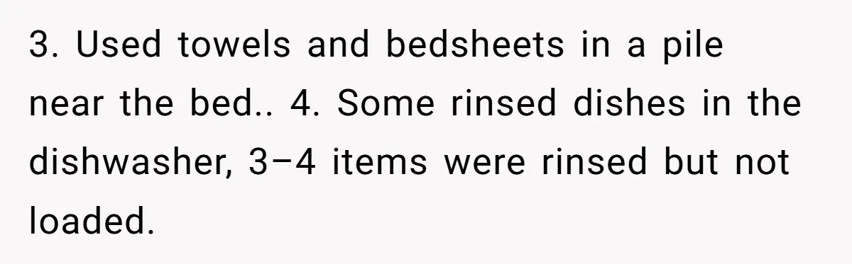 3. Used towels and bedsheets in a pile near the bed.. 4. Some rinsed dishes in the dishwasher, 3–4 items were rinsed but not loaded.