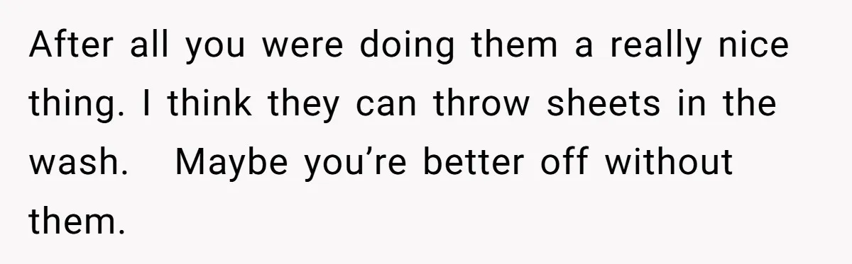 After all you were doing them a really nice thing. I think they can throw sheets in the wash.   Maybe you’re better off without them.