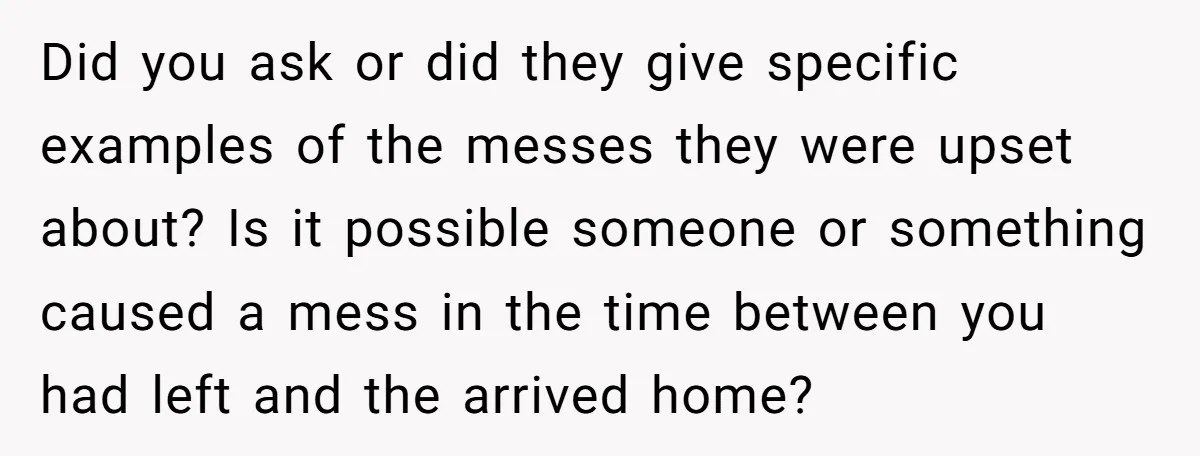Did you ask or did they give specific examples of the messes they were upset about? Is it possible someone or something caused a mess in the time between you...