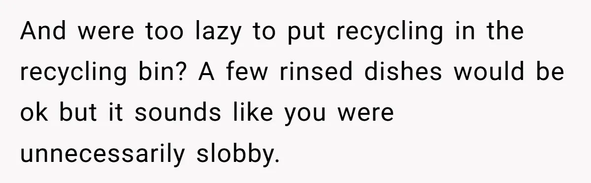 And were too lazy to put recycling in the recycling bin? A few rinsed dishes would be ok but it sounds like you were unnecessarily slobby.