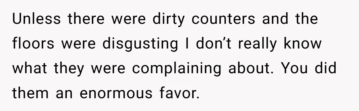 Unless there were dirty counters and the floors were disgusting I don’t really know what they were complaining about. You did them an enormous favor.