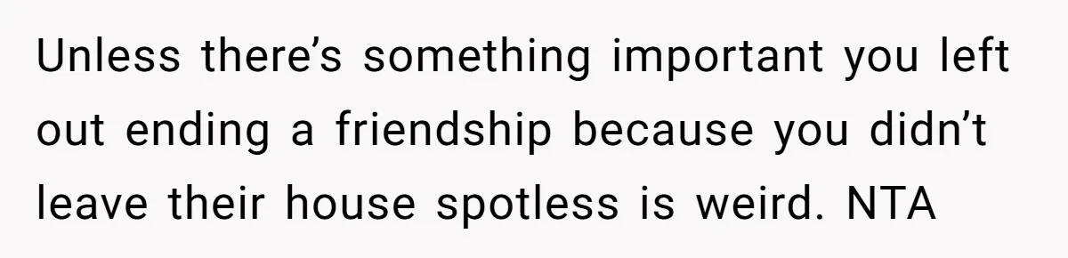 Unless there’s something important you left out ending a friendship because you didn’t leave their house spotless is weird. NTA