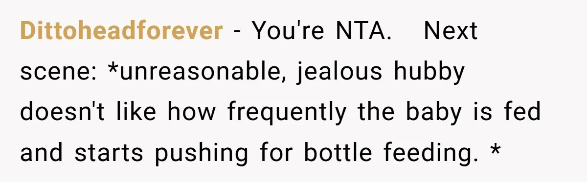 Dittoheadforever − You're NTA. Next scene: *unreasonable, jealous hubby doesn't like how frequently the baby is fed and starts pushing for bottle feeding. *