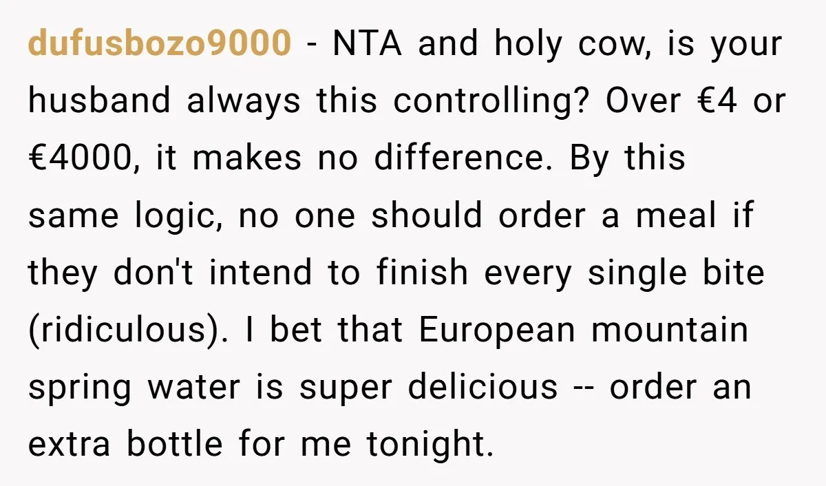 dufusbozo9000 − NTA and holy cow, is your husband always this controlling? Over €4 or €4000, it makes no difference. By this same logic, no one should order a meal...