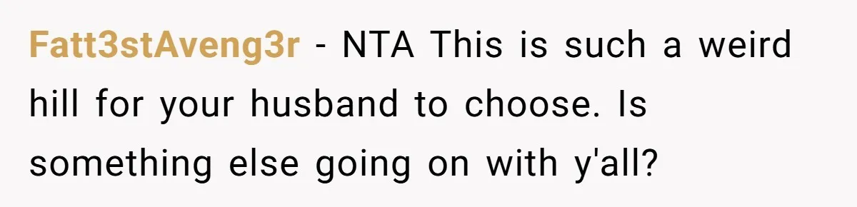 Fatt3stAveng3r − NTA This is such a weird hill for your husband to choose. Is something else going on with y'all?