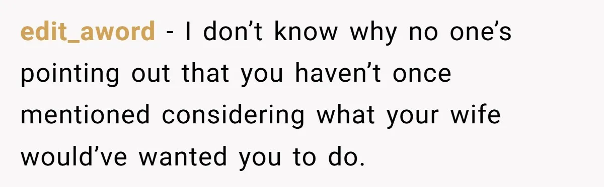 edit_aword − I don’t know why no one’s pointing out that you haven’t once mentioned considering what your wife would’ve wanted you to do.