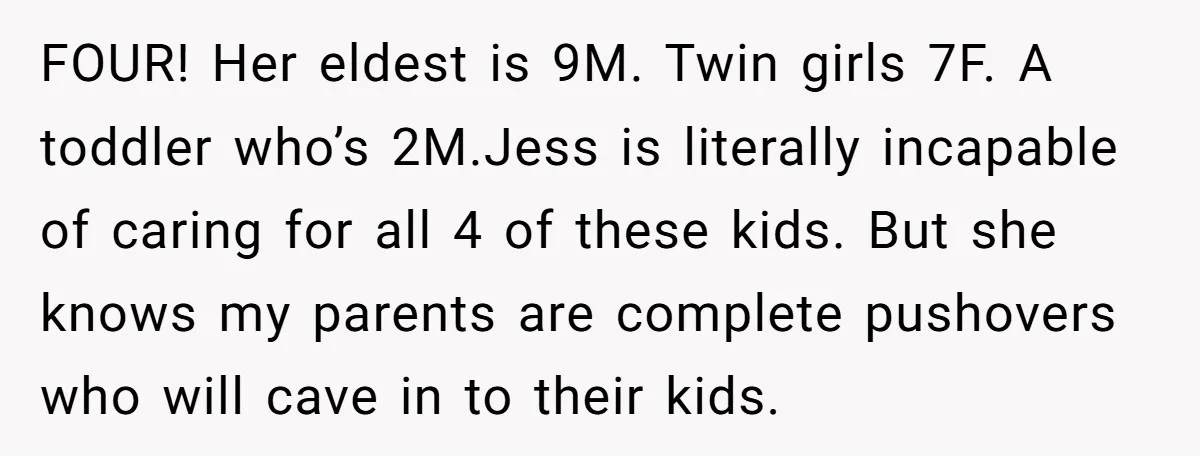 FOUR! Her eldest is 9M. Twin girls 7F. A toddler who’s 2M.Jess is literally incapable of caring for all 4 of these kids. But she knows my parents are complete...