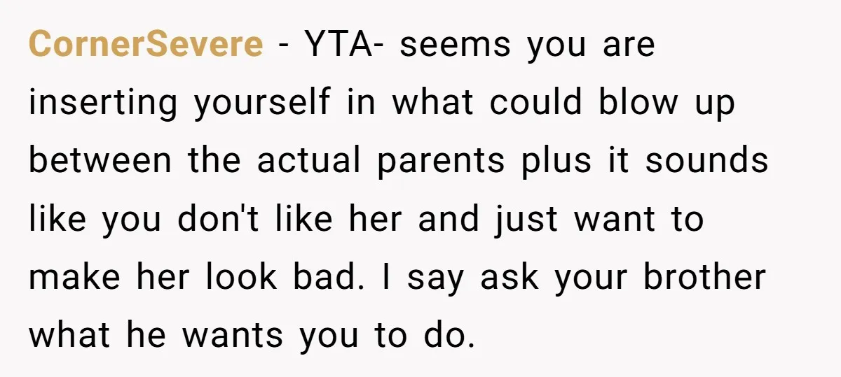 CornerSevere − YTA- seems you are inserting yourself in what could blow up between the actual parents plus it sounds like you don't like her and just want to make...