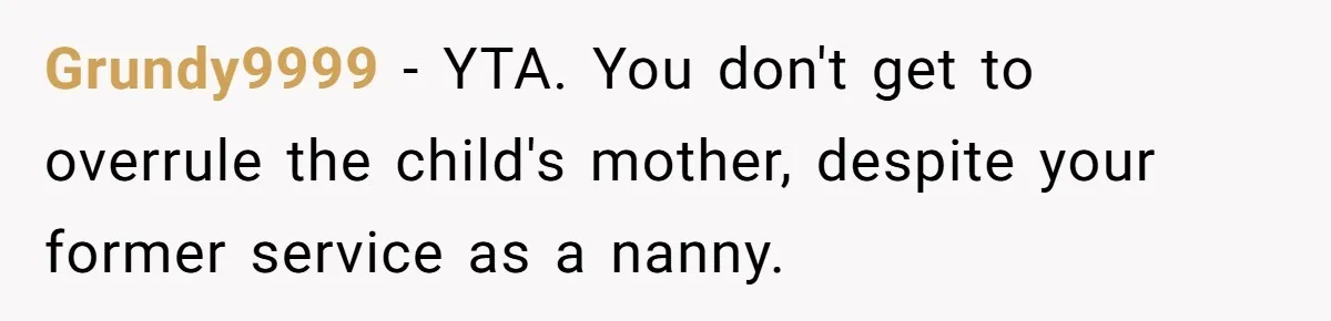 Grundy9999 − YTA. You don't get to overrule the child's mother, despite your former service as a nanny.