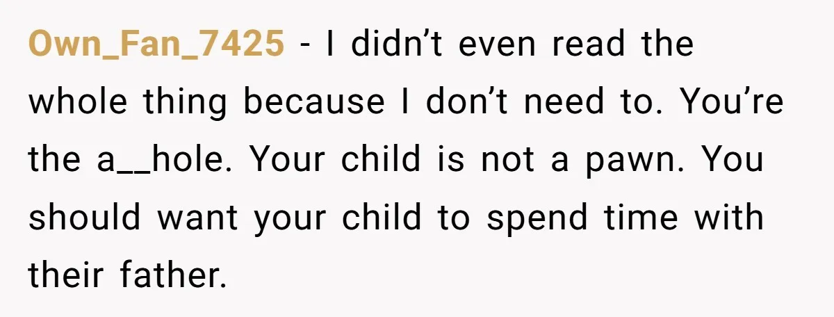 Own_Fan_7425 − I didn’t even read the whole thing because I don’t need to. You’re the a__hole. Your child is not a pawn. You should want your child to spend...