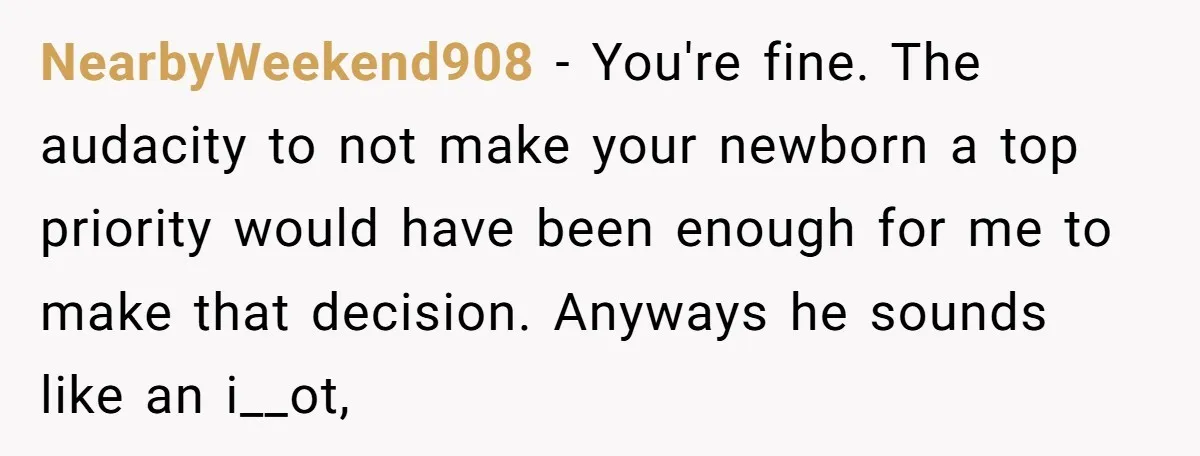 NearbyWeekend908 − You're fine. The audacity to not make your newborn a top priority would have been enough for me to make that decision. Anyways he sounds like an i__ot,