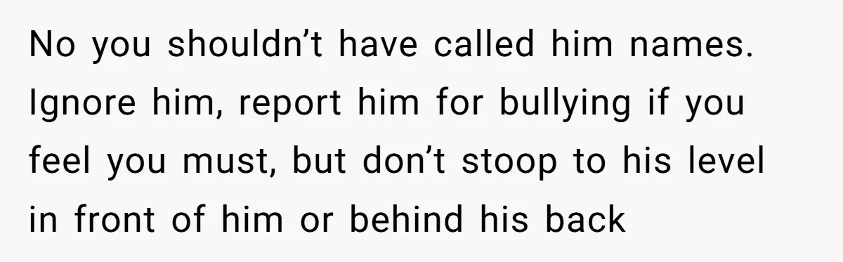 No you shouldn’t have called him names. Ignore him, report him for bullying if you feel you must, but don’t stoop to his level in front of him or behind...