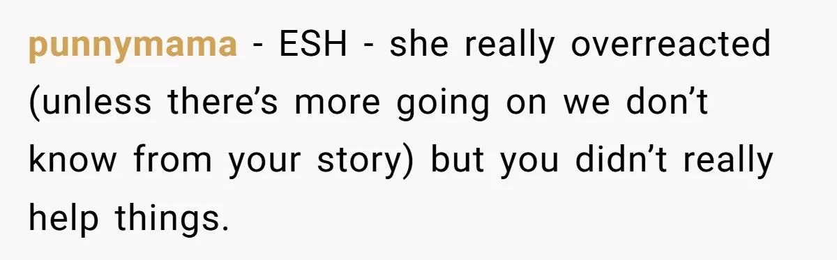 punnymama − ESH - she really overreacted (unless there’s more going on we don’t know from your story) but you didn’t really help things.