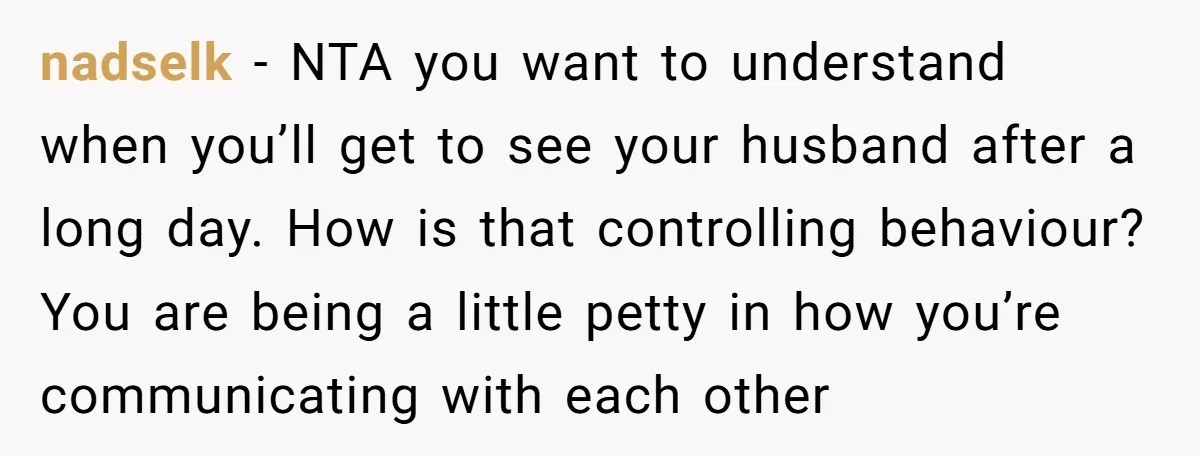 nadselk − NTA you want to understand when you’ll get to see your husband after a long day. How is that controlling behaviour? You are being a little petty in...