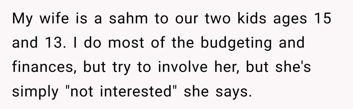 My wife is a sahm to our two kids ages 15 and 13. I do most of the budgeting and finances, but try to involve her, but she's simply "not...