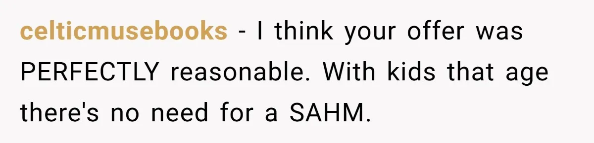 celticmusebooks − I think your offer was PERFECTLY reasonable. With kids that age there's no need for a SAHM.