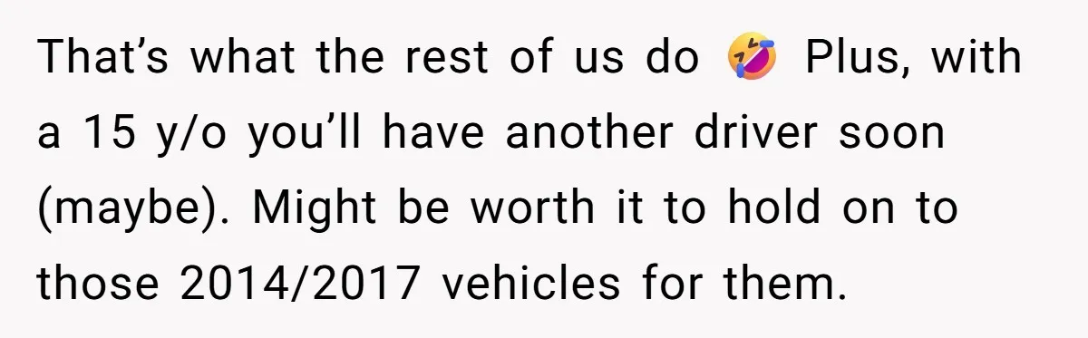 That’s what the rest of us do 🤣 Plus, with a 15 y/o you’ll have another driver soon (maybe). Might be worth it to hold on to those 2014/2017 vehicles...