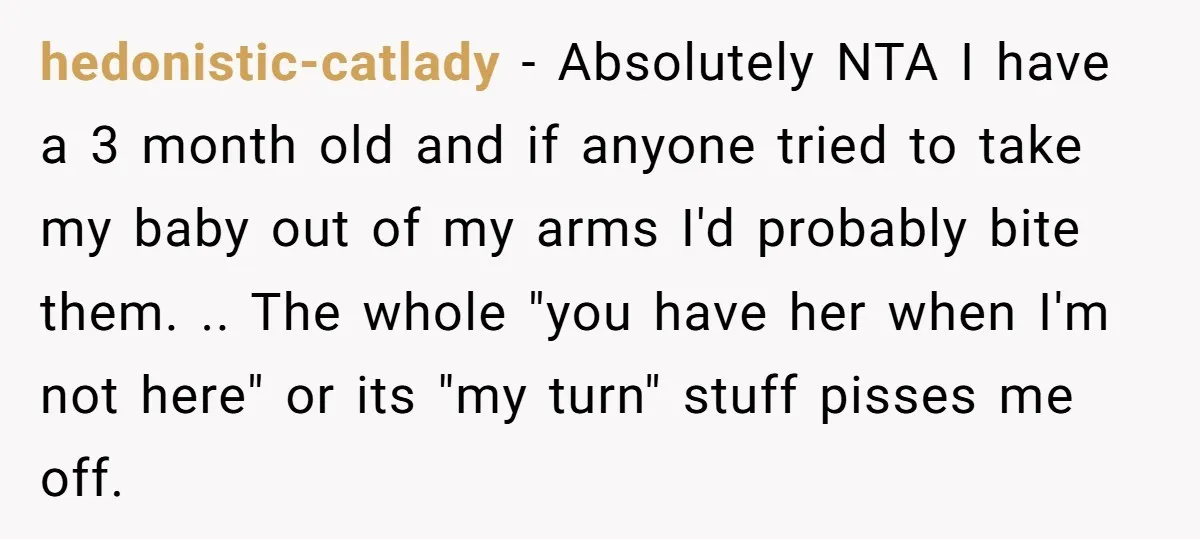 hedonistic-catlady − Absolutely NTA I have a 3 month old and if anyone tried to take my baby out of my arms I'd probably bite them. .. The whole "you...