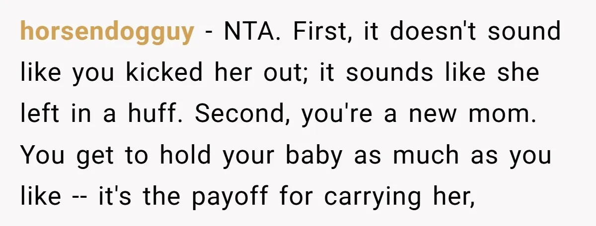 horsendogguy − NTA. First, it doesn't sound like you kicked her out; it sounds like she left in a huff. Second, you're a new mom. You get to hold your...