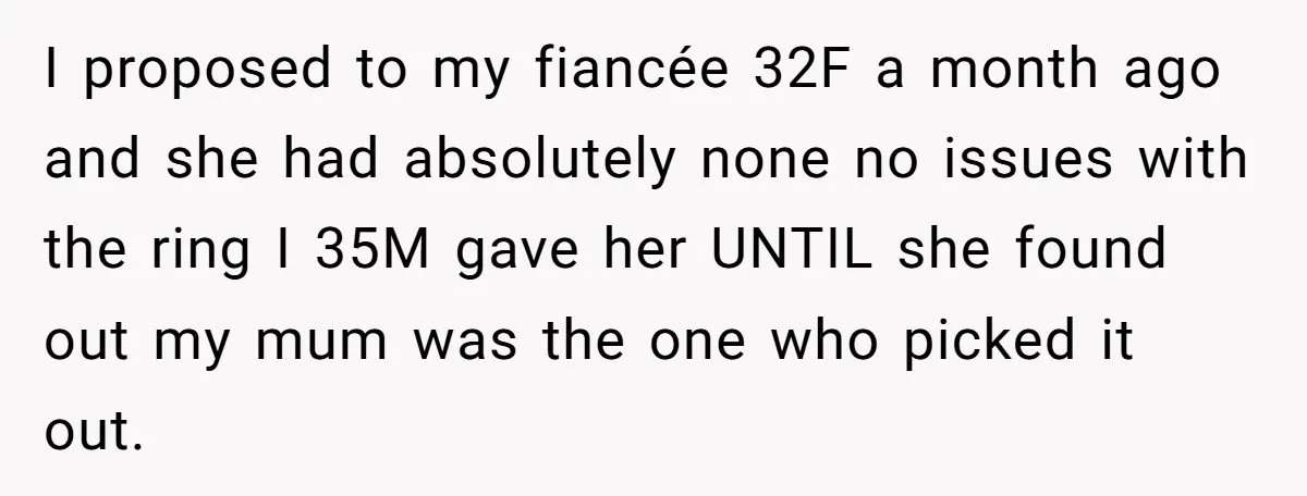 I proposed to my fiancée 32F a month ago and she had absolutely none no issues with the ring I 35M gave her UNTIL she found out my mum was...