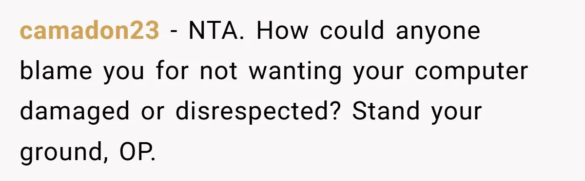 camadon23 − NTA. How could anyone blame you for not wanting your computer damaged or disrespected? Stand your ground, OP.