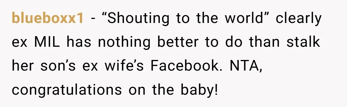 blueboxx1 − “Shouting to the world” clearly ex MIL has nothing better to do than stalk her son’s ex wife’s Facebook. NTA, congratulations on the baby!