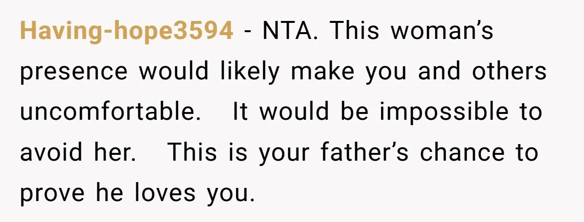 Having-hope3594 − NTA. This woman’s presence would likely make you and others uncomfortable. It would be impossible to avoid her. This is your father’s chance to prove he loves you.