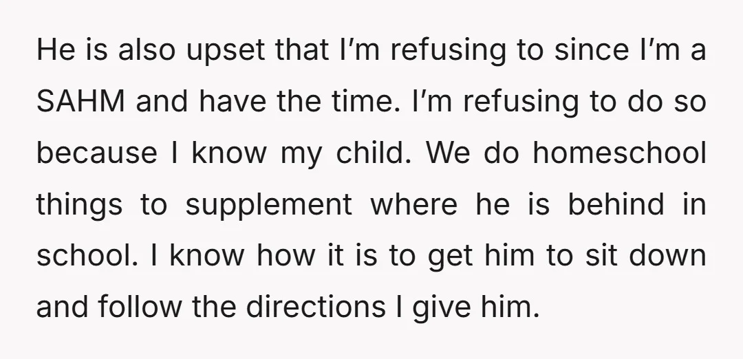 He is also upset that I’m refusing to since I’m a SAHM and have the time. I’m refusing to do so because I know my child. We do homeschool things...