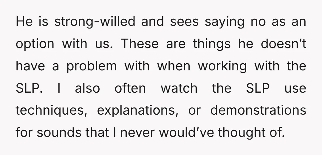 He is strong-willed and sees saying no as an option with us. These are things he doesn’t have a problem with when working with the SLP. I also often watch...