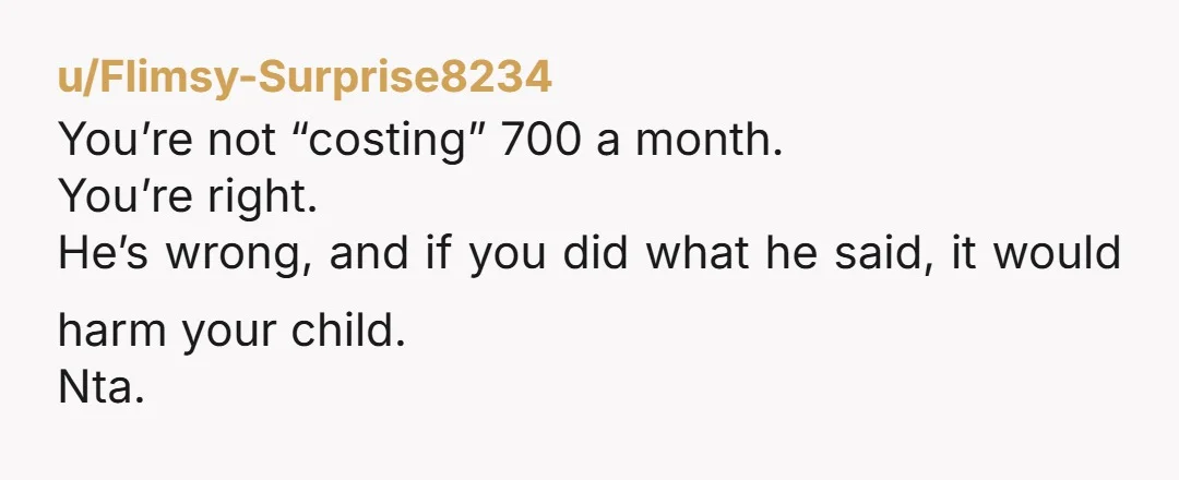 u/Flimsy-Surprise8234 You’re not “costing” 700 a month. You’re right. He’s wrong, and if you did what he said, it would harm your child. Nta. 
