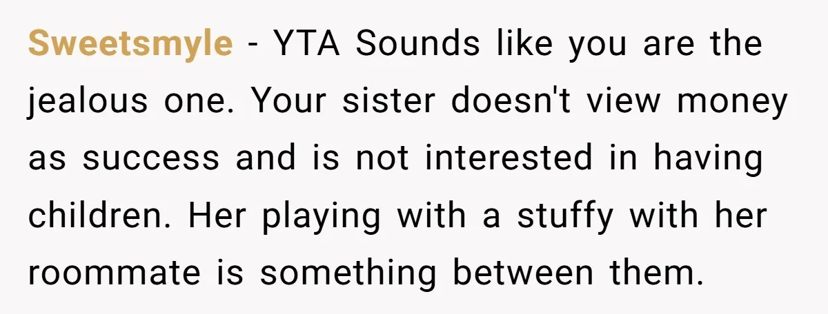 Sweetsmyle − YTA Sounds like you are the jealous one. Your sister doesn't view money as success and is not interested in having children. Her playing with a stuffy with...