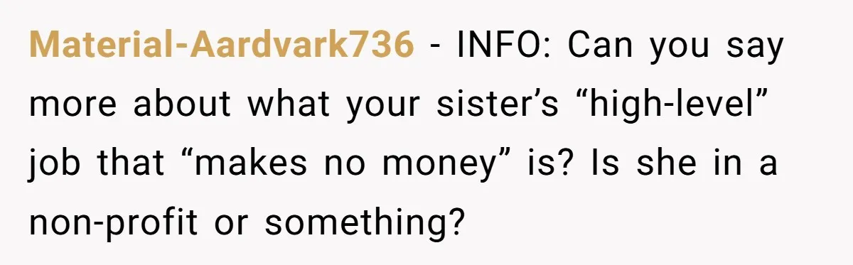 Material-Aardvark736 − INFO: Can you say more about what your sister’s “high-level” job that “makes no money” is? Is she in a non-profit or something?
