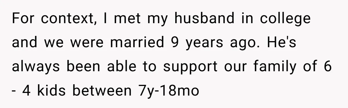 For context, I met my husband in college and we were married 9 years ago. He's always been able to support our family of 6 - 4 kids between 7y-18mo