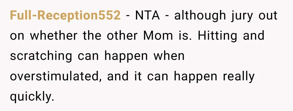 Full-Reception552 − NTA - although jury out on whether the other Mom is. Hitting and scratching can happen when overstimulated, and it can happen really quickly.