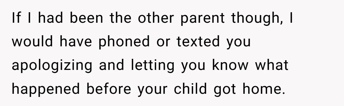 If I had been the other parent though, I would have phoned or texted you apologizing and letting you know what happened before your child got home.