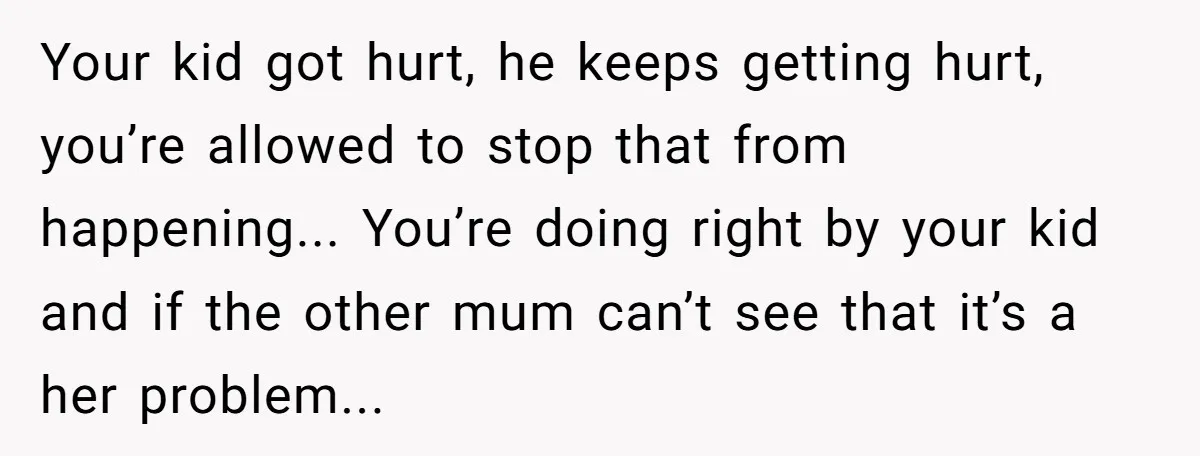 Your kid got hurt, he keeps getting hurt, you’re allowed to stop that from happening... You’re doing right by your kid and if the other mum can’t see that it’s...