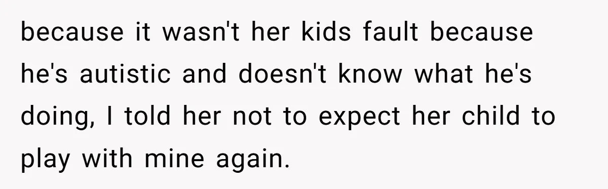 because it wasn't her kids fault because he's autistic and doesn't know what he's doing, I told her not to expect her child to play with mine again.