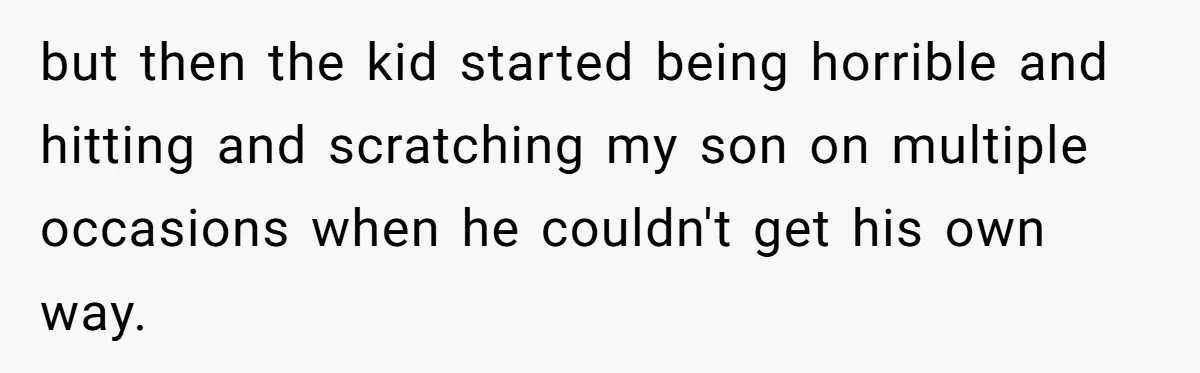 but then the kid started being horrible and hitting and scratching my son on multiple occasions when he couldn't get his own way.