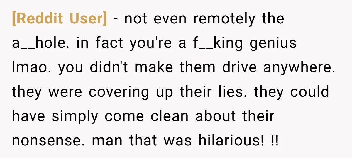 [Reddit User] − not even remotely the a__hole. in fact you're a f__king genius lmao. you didn't make them drive anywhere. they were covering up their lies. they could have...