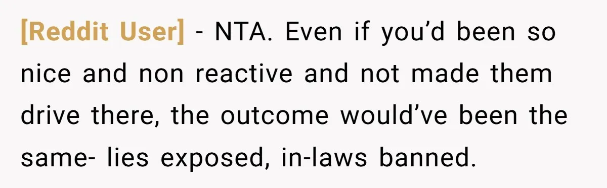 [Reddit User] − NTA. Even if you’d been so nice and non reactive and not made them drive there, the outcome would’ve been the same- lies exposed, in-laws banned.