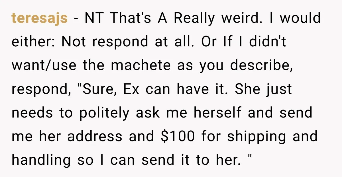 teresajs − NT That's A Really weird. I would either: Not respond at all. Or If I didn't want/use the machete as you describe, respond, "Sure, Ex can have it....