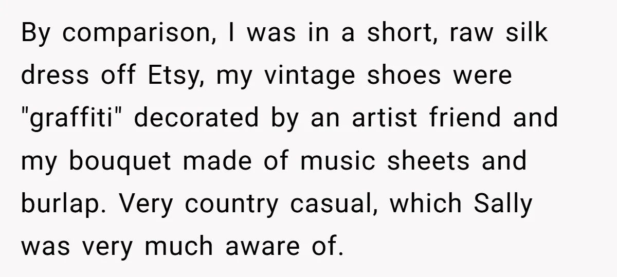 By comparison, I was in a short, raw silk dress off Etsy, my vintage shoes were "graffiti" decorated by an artist friend and my bouquet made of music sheets and...