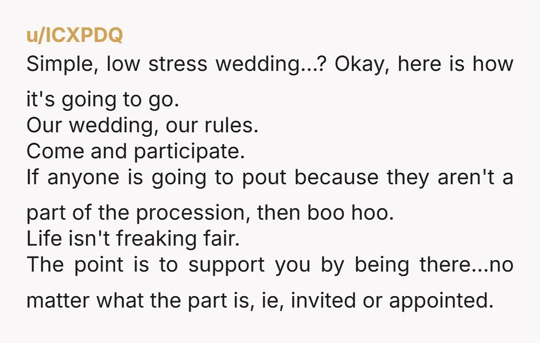 u/Klutzy_Instance_4149 People are insane. I come from a huge family on both sides. I wasn't a flower girl in every aunt/uncle wedding! Sometimes my cousins were instead. Nobody felt left...