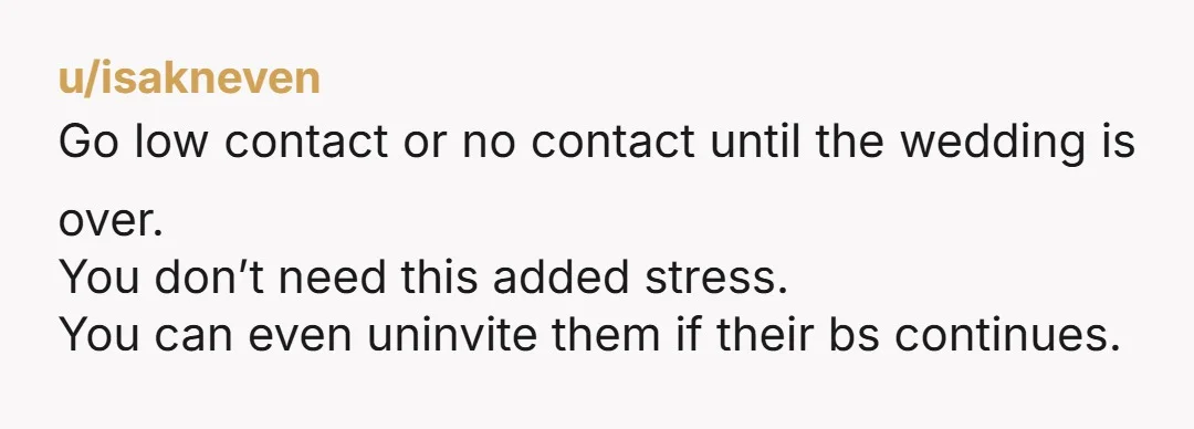 u/No_Bet_589 NTA Your wedding = your choice The fact that your husband’s family is on your side and your FMIL recommended that you block her tells you all you need...