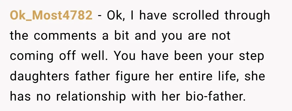 Ok_Most4782 − Ok, I have scrolled through the comments a bit and you are not coming off well. You have been your step daughters father figure her entire life, she...