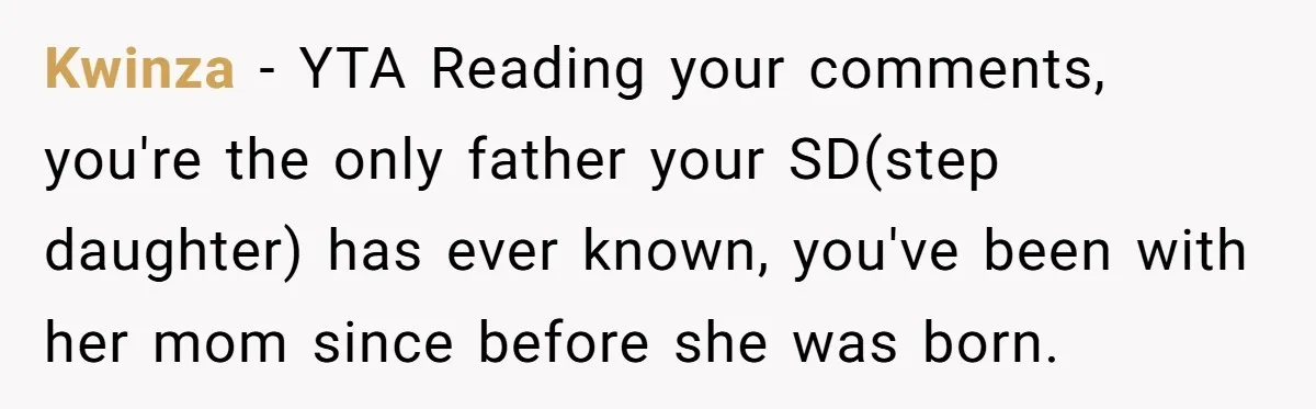 Kwinza − YTA Reading your comments, you're the only father your SD(step daughter) has ever known, you've been with her mom since before she was born.