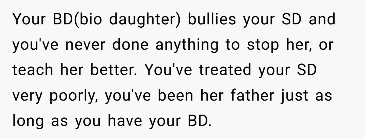 Your BD(bio daughter) bullies your SD and you've never done anything to stop her, or teach her better. You've treated your SD very poorly, you've been her father just as...