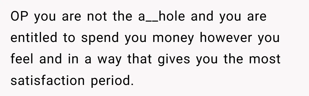 OP you are not the a__hole and you are entitled to spend you money however you feel and in a way that gives you the most satisfaction period.