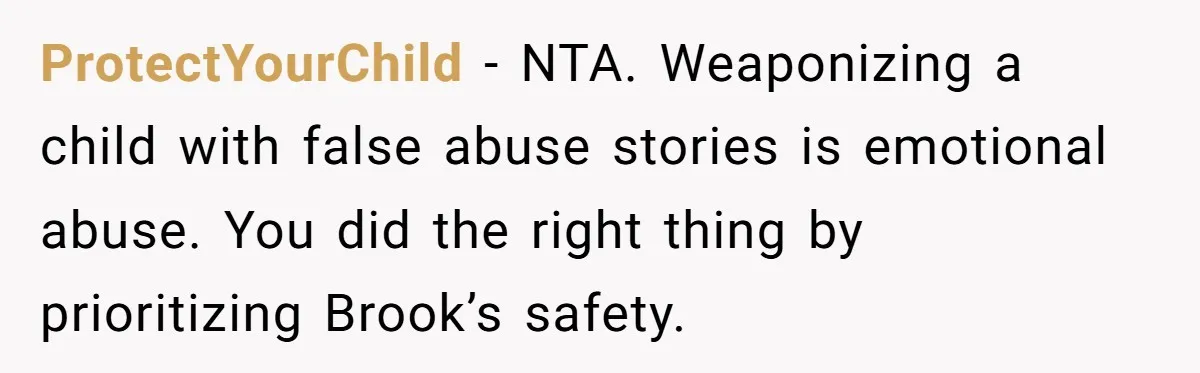 ProtectYourChild - NTA. Weaponizing a child with false abuse stories is emotional abuse. You did the right thing by prioritizing Brook’s safety.
